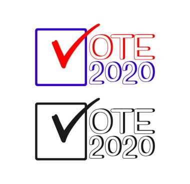 2020 oy, vektör ikonu seçim işareti. 2020 Amerika başkanlık seçimi. İşaretli işaretli sözcüğe oy verin. Kırmızı mavi ve tek renkli, beyaz arka planda izole edilmiş. Siyasi seçim kampanyası logosu, oy kullanma sembolü