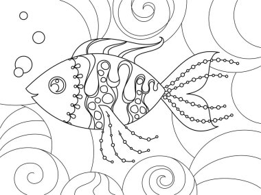 Soyut bir arka planda dekoratif balıkların olduğu renkli sayfa. Daireler ve girdaplar, beyaz arka planda siyah elementler. Çocuk boyama kitabı için vektör tasarımı şablonu. Eğlence ve eğlence.