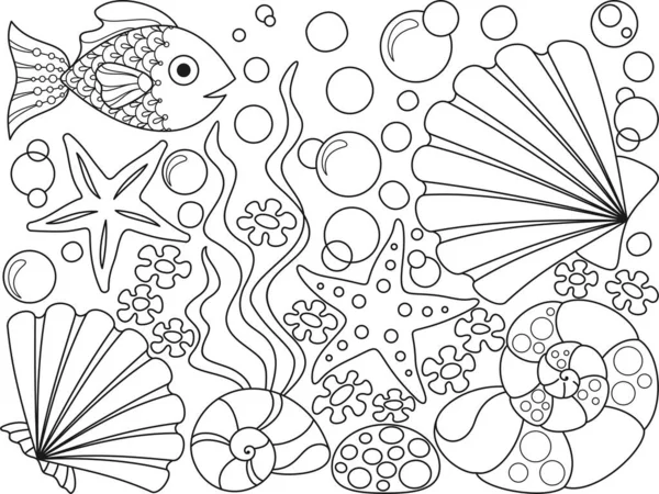 Desenho Para Colorir Com Conchas Estrelas Mar Algas Marinhas Bolhas — Vetor de Stock