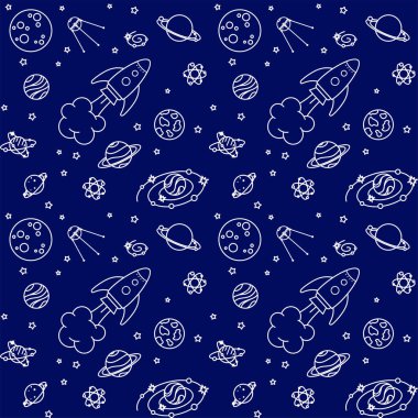 Farklı gezegenler, galaksiler ve yıldızlar arasında roket, uydu ve ay. Mavi arka planda beyaz elementler. Çocuk duvar kağıtları, ambalaj kağıtları, ambalajlar, giysiler, kumaşlar ve tekstil üzerine baskı. Tasarım şablonu
