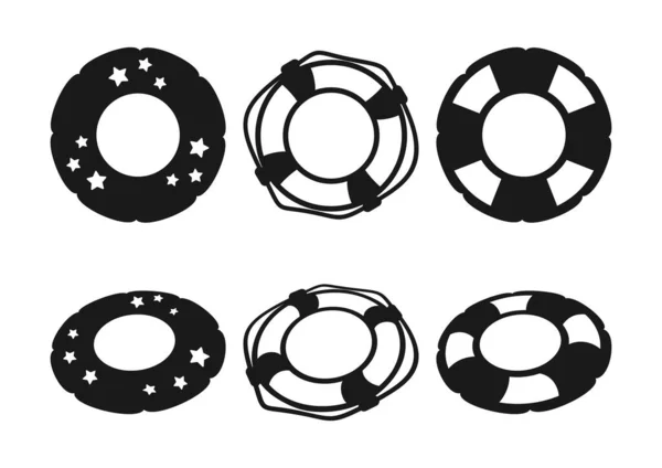 Zestaw Kół Ratunkowych Pierścieni Pływackich Czarne Sylwetki Widok Góry Perspektywy — Wektor stockowy