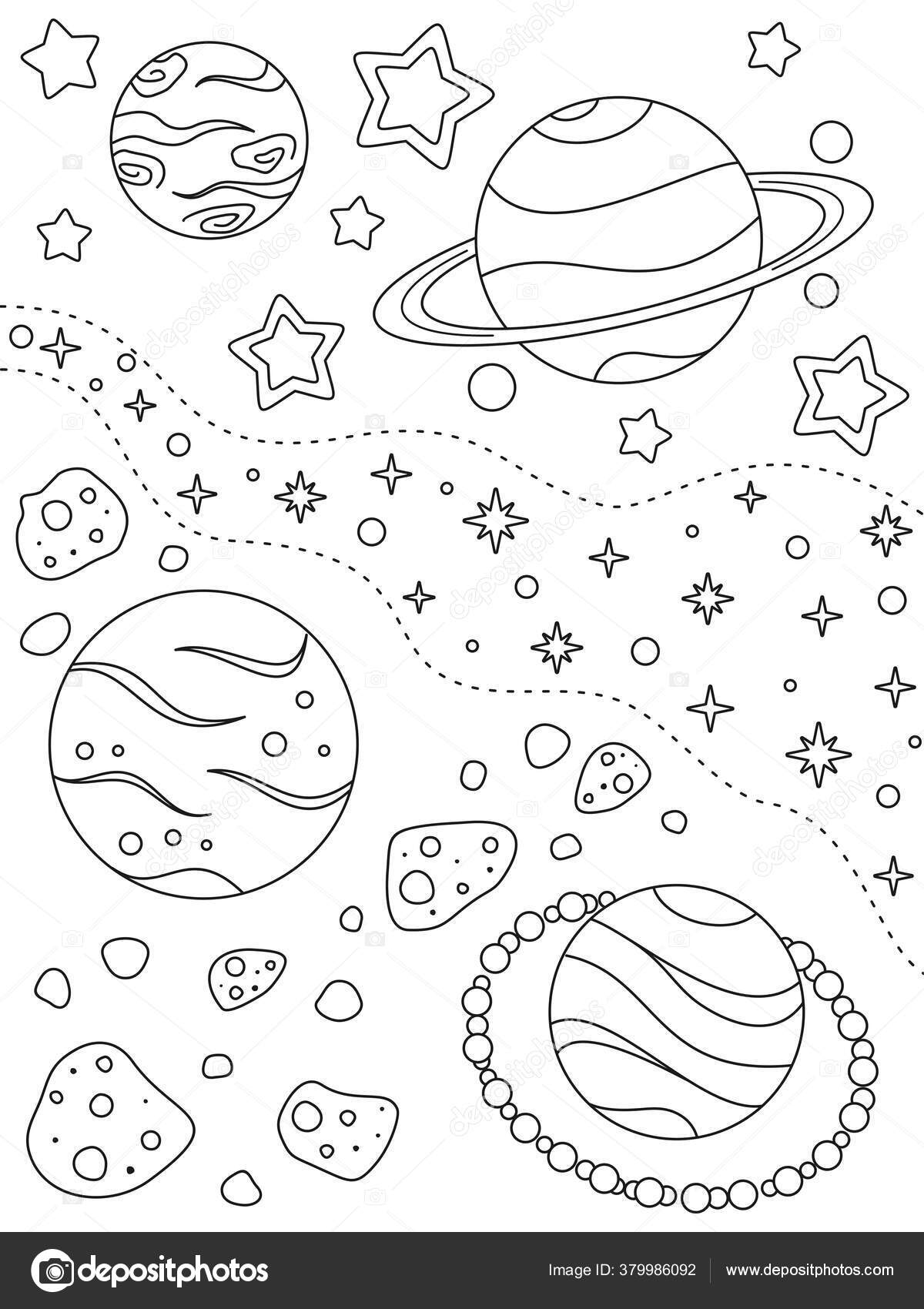 Coloring Page Different Planets Asteroids Nebulae Stars Black ...