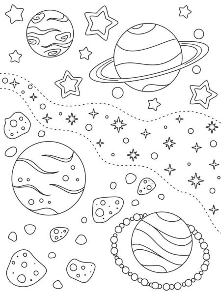 Dibujo Para Colorear Con Diferentes Planetas Asteroides Nebulosas Estrellas Elementos — Archivo Imágenes Vectoriales