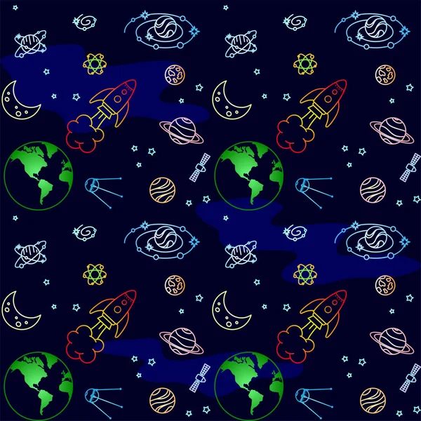 Terra Colorida Lua Satélites Foguetes Entre Diferentes Planetas Galáxias Estrelas — Vetor de Stock