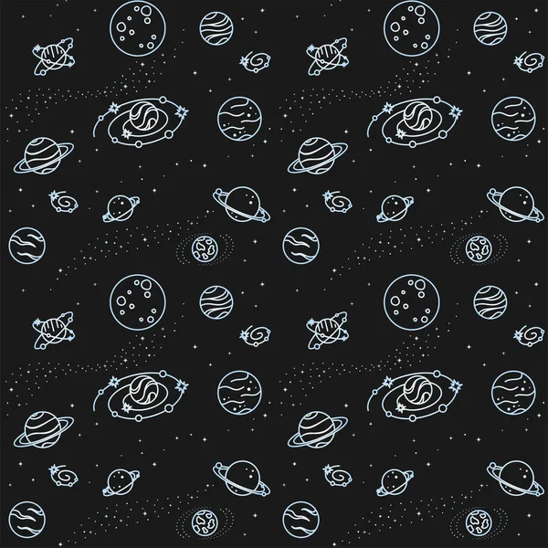 Seamless Pattern Different Planets Galaxies Stars Black Background Deep Space — Stock Vector