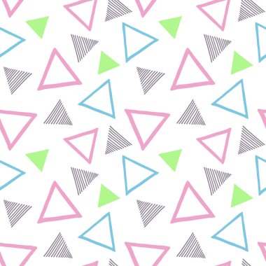 Geometrik dikişsiz desen, beyaz arkaplanda renkli üçgenler. Duvar kağıdı, ambalaj kağıdı, ambalaj, web sitesi, kumaş, tekstil, giysi ve çantalar için vektör tasarım şablonu. El çizimi
