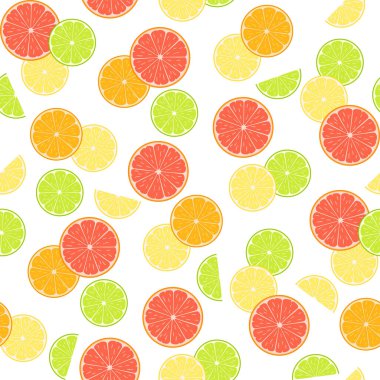 Renkli sitruslar, limon, greyfurt, beyaz arka planda portakal ve limon. Vektörsüz şablon, duvar kağıdı tasarım şablonu, ambalaj kağıdı, ambalaj, kumaş, tekstil, kıyafet ve çantalara baskı