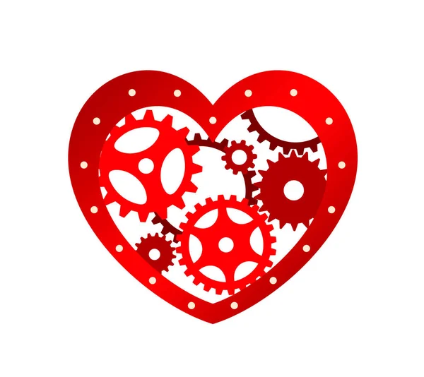 Rotes Herz Mit Zahnrädern Auf Weißem Hintergrund Mechanismus Steampunk Vektor — Stockvektor