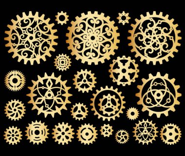 Siyah arka planda altın vitesler. Mekanizma, steampunk, retro. Tasarım, dekorasyon, bayram tebrik kartı, tabela ve etiketler için zarif dekoratif elementlerin vektör seti. Tasarım şablonu
