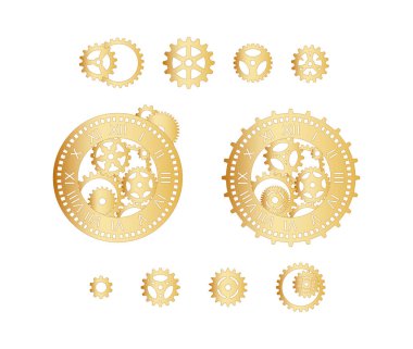 Farklı altın dişli çarklar ve beyaz arka planda vitesli saatler. Mekanizma. Steampunk. Şablon, şık bir bayram tebrik kartı için tasarım ögeleri, tabela, etiket, amblem, tişört ve giysi baskısı