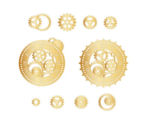 一套不同的金色齿轮和钟表 其齿轮在白色背景上 Steampunk 矢量模板 时尚节日贺卡 T恤衫和服装印刷的设计元素 — 图库矢量图片
