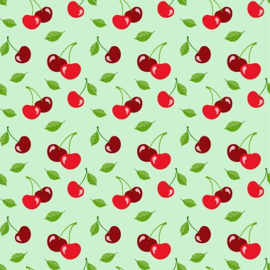 Soluk yeşil zemin üzerinde yaprakları olan kırmızı kirazlar, düz stil. Paket kağıdı, ambalaj kağıdı, duvar kağıdı, kumaş, tekstil, menü, giysi ve çantalara baskı yapmak için vektörsüz desen. Tasarım şablonu