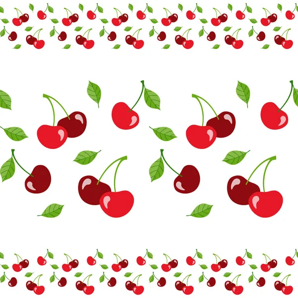 Seamless Horizontal Border Cherries Leaves White Background Flat Style Vector — Stock Vector