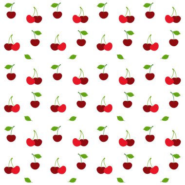 Beyaz arka planda yaprakları olan kırmızı kirazlar. Ambalaj kağıdı, ambalaj kağıdı, duvar kağıdı, kafe, restoran, menü, kumaş, tekstil, giysi ve çantalar için vektörsüz desen. Tasarım şablonu