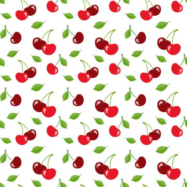 Yeşil yapraklı kırmızı kirazlar beyaz arka planda düz bir şekilde. Vektörsüz kalıp, ambalaj kağıdı, ambalaj kağıdı, duvar kağıdı, kafe, restoran, menü, kumaş, tekstil, kıyafet ve çanta tasarımı şablonu