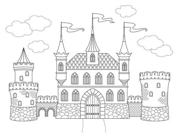 Dibujo Para Colorear Con Castillo Decorativo Con Torres Ladrillo Ventanas — Archivo Imágenes Vectoriales