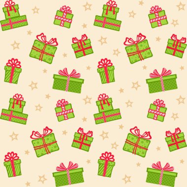 Farklı desenli yeşil hediye kutuları ve yıldızlı bej arka planda kırmızı kurdeleler ve fiyonklar. Şenlik tasarımı, Noel duvar kağıdı, afiş, ambalaj kağıdı, ambalaj kağıdı, ambalaj, ambalaj, web sitesi, kumaş ve tekstil üzerine baskı