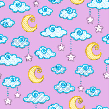 Düz bulutlar ve çizgili ve kareli tekstil dokusu ve gölgesi olan ay pembe arkaplandaki boncuklardaki yıldızlar. Çocuk duvar kâğıdı, ambalaj kağıdı, ambalaj, kumaş, tekstil, giysi ve çantalara baskı yapmak için vektörsüz desen. Tasarım şablonu