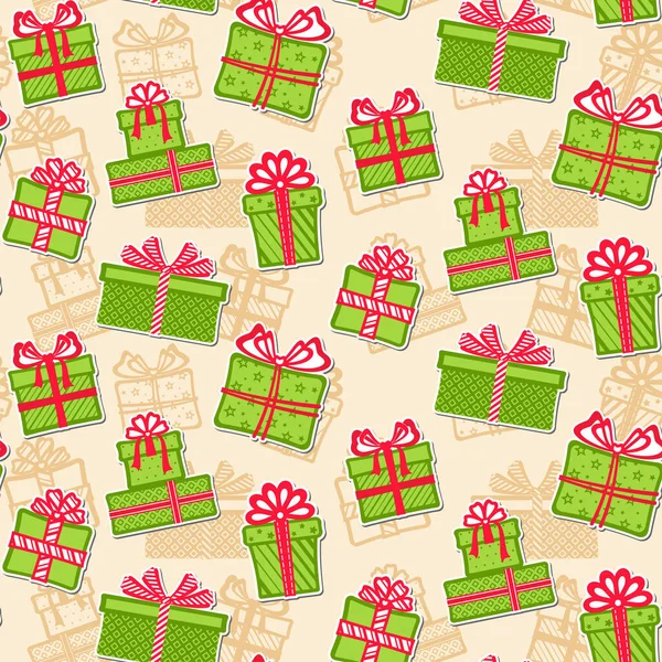 绿色礼品盒的贴纸 不同的红色缎带和蝴蝶结与米色背景与礼品盒的轮廓 节日设计 圣诞壁纸 包装纸 包装纸 包装纸 包装纸 网站及印刷品的病媒无缝图案 — 图库矢量图片