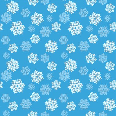 Mavi arka planda beyaz ve soluk mavi kar taneleri. Şenlik tasarımı, Noel duvar kağıdı, afiş, ambalaj kağıdı, ambalaj kağıdı, ambalaj kağıdı, kumaş, tekstil, giysi ve çanta baskısı için vektörsüz desen. Tasarım şablonu, kış dokusu