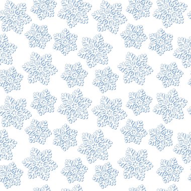 Beyaz arka planda mavi çizgili beyaz kar taneleri. Tasarım şablonu, kış dokusu. Noel duvar kağıdı, afiş, ambalaj kağıdı, ambalaj kağıdı, ambalaj kağıdı, şenlik tasarımı, kumaş, tekstil, kıyafet ve çanta baskısı için vektörsüz desen