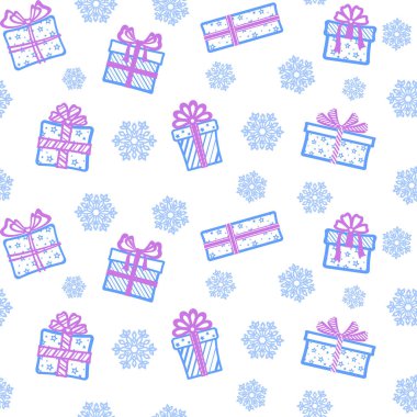 Mor kurdeleli farklı mavi hediye kutuları ve beyaz arka planda mavi kar taneleri olan fiyonklar. Şenlik tasarımı, Noel duvar kağıdı, afiş, ambalaj kağıdı, ambalaj kağıdı, ambalaj kağıdı, kumaş ve tekstil üzerine baskı