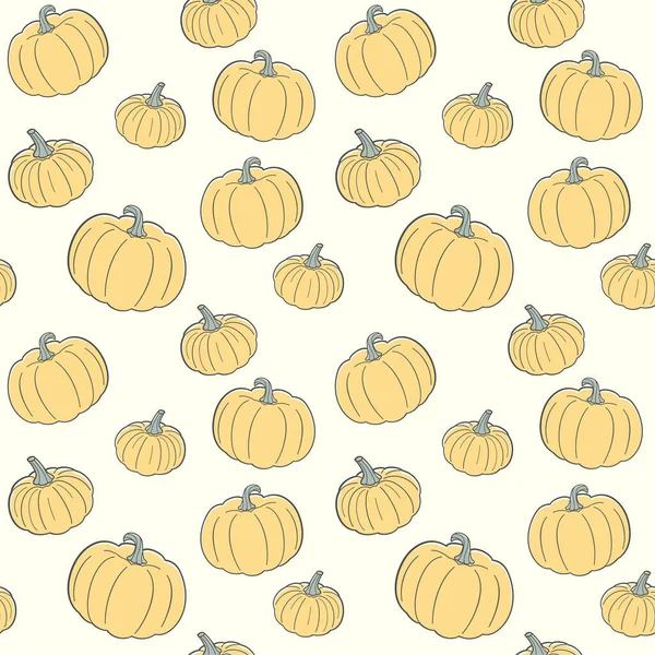 Soluk bej arka planda farklı boyutlarda balkabakları. Duvar kağıdı, ambalaj kağıdı, ambalaj kağıdı, ambalaj, panayır, çiftlik pazarı, gıda mağazası, dükkan, kumaş, tekstil ve menü üzerine baskı. Sonbahar festivali için tasarım şablonu