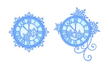 Dekoratif, mavi, Noel ve Yeni Yıl saati. Açılmış kar taneleri ve beyaz arka planda girdaplar. Yılbaşı ve Noel arifesinin sembolü. Vector çifti bayram tebrik kartı, davetiye, bayrak, Noel tasarımı ve şenlikli dekorasyon için ayarlandı