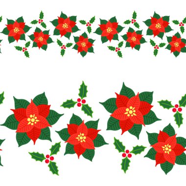 Poinsettia, ökseotu ve Noel meyveleriyle kusursuz yatay sınır. Vektör tasarım şablonu, bayram tebrik kartı, afiş, broşür, şür, şenlikli Noel tasarımı, ambalaj, ambalaj, kumaş ve tekstil üzerine baskı