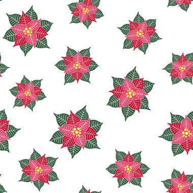 Beyaz arka planda soyut noktalı çiçekler. Noel sembolü. Şenlik tasarımı, Noel ve Yeni Yıl duvar kâğıdı, afiş, ambalaj, ambalaj kağıdı, ambalaj kağıdı, kumaş ve tekstil üzerine baskı için vektör kusursuz desen. Tasarım şablonu