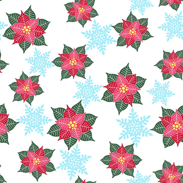 Abstract Poinsettia Bloemen Blauwe Opengewerkte Sneeuwvlokken Een Witte Achtergrond Vector — Stockvector