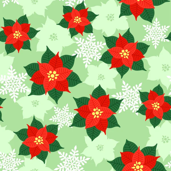 Цветные Красные Зеленые Пуансеттии Открытые Снежинки Зеленом Фоне Векторный Бесшовный — стоковый вектор