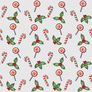 Lolipop, şeker kamışı, ökseotu ve gri arka planda Noel meyvesi. Şenlik tasarımı, Noel ve Yeni Yıl duvar kağıdı, afiş, hediye paketi, ambalaj kağıdı, ambalaj kağıdı, ambalaj kağıdı, kumaş ve tekstil baskısı için vektörsüz desen