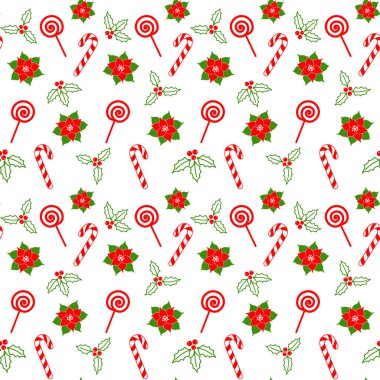 Şeker kamışı, lolipop, ökseotu, Noel meyvesi ve beyaz arka planda noktalar. Şenlik tasarımı, Noel ve Yeni Yıl duvar kâğıdı, afiş, ambalaj kağıdı, ambalaj kağıdı, ambalaj kağıdı, kumaş ve tekstil üzerine baskı için vektörsüz desen