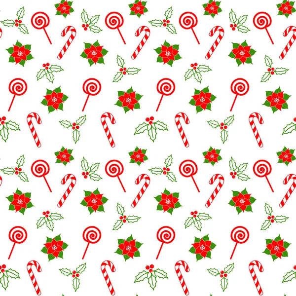 Snoepstok Lolly Maretak Kerst Holly Bessen Poinsettia Een Witte Achtergrond — Stockvector