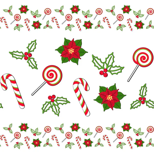 Borde Sin Costuras Con Poinsettia Muérdago Bayas Navidad Holly Bastón — Archivo Imágenes Vectoriales