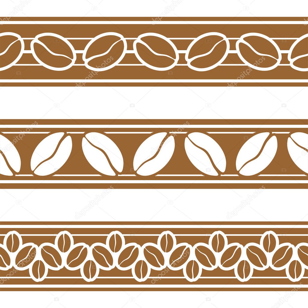 Brown ribbon with coffee beans on a white background. Vector seamless border for coffee house, coffee shop, packaging, wrapper, border tape for confectionery products, sales flyer, cafe, restaurant, printing on textile and menu. Design template