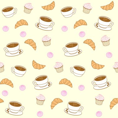 Kahve fincanları, kruvasanlar, kekler, kekler ve soluk sarı arka planda kremalar. Paketleme, ambalaj kağıdı, ambalaj kağıdı, satış afişi, kafe, restoran, şekerleme, kumaş, tekstil ve menü üzerine baskı için vektörsüz şablon. Tasarım şablonu