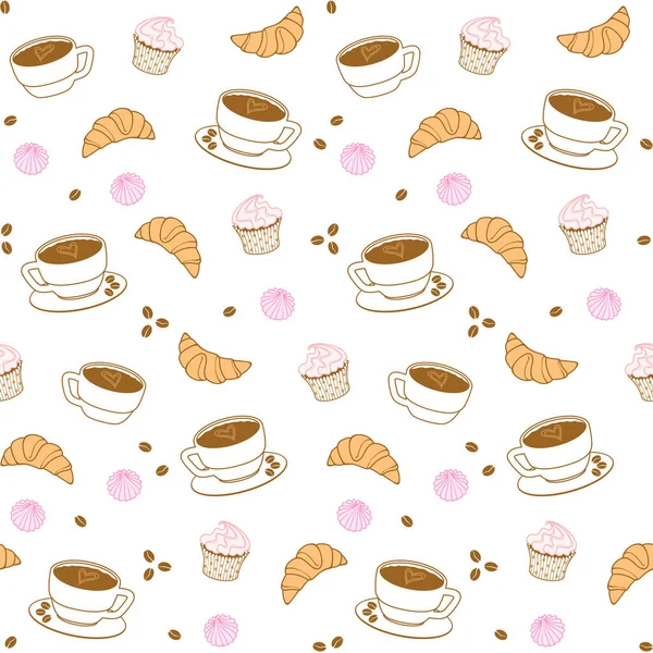 Kaffeetassen Croissants Cupcakes Muffins Und Kaffeebohnen Auf Weißem Hintergrund Vektor — Stockvektor