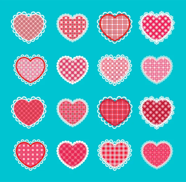 Conjunto Corazones Con Una Textura Cuadros Borde Calado Para Día — Vector de stock