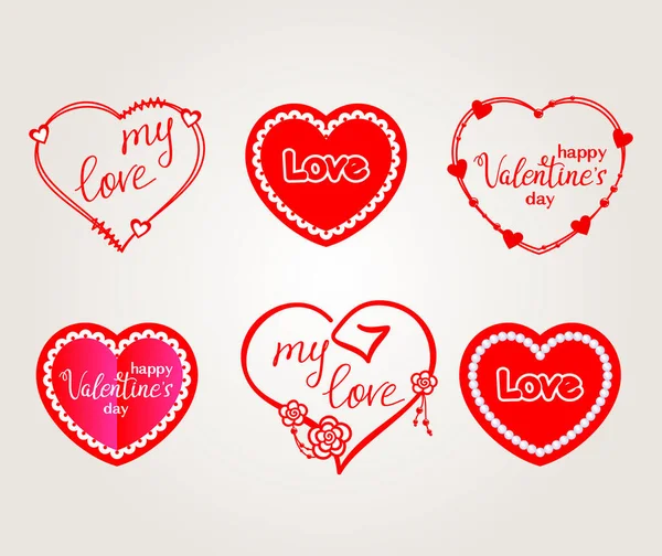 Set Valentines Red Heart Shaped Frames Quotes Beige Background Happy — Stock Vector