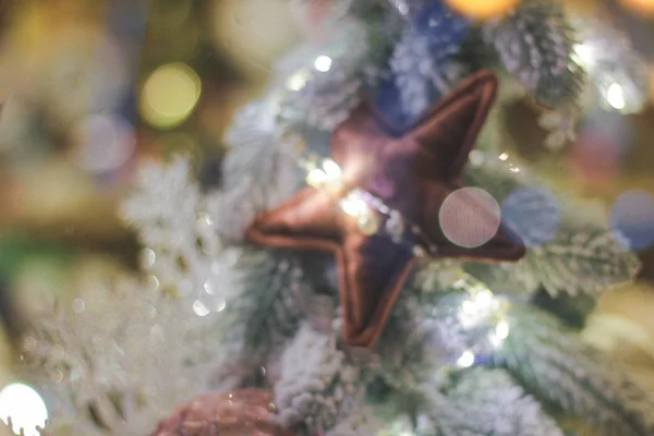 Blurred Christmas Tree Toys Garlands Lights Pink Shade — Stock Photo, Image