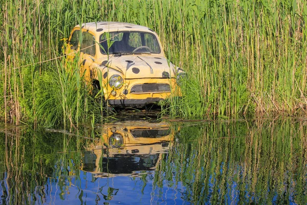 Yellow retro car resting by the lake. Concept: rest, travel