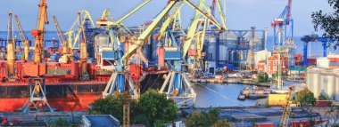 Gemi liman tahıl yükleme. Panoramik gemi, vinçler ve bağlantı noktasının diğer altyapıları.