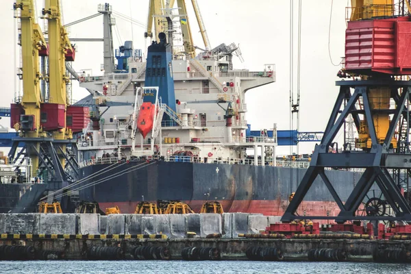 Cargando Grano Barco Puerto Vista Del Barco Grúas Otras Infraestructuras — Foto de Stock