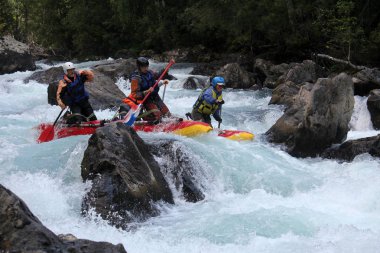 Altay Cumhuriyeti / Rusya - 30 Haziran 2016: Extreme Bashkaus nehirde rafting, aşırı sporcular zor türbin hızlı bir katamaran üzerinde git. Altay ve Sibirya güzellik temiz hava