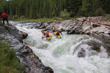 Altay Cumhuriyeti / Rusya - 30 Haziran 2016: Extreme Bashkaus nehirde rafting, aşırı sporcular zor türbin hızlı bir katamaran üzerinde git. Altay ve Sibirya güzellik temiz hava
