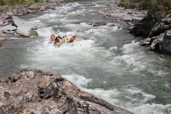 Altairepublik / Russland - 30. Juni 2016: Extremrafting auf dem Fluss Baschkaus, Extremsportler durchqueren die schwierige Turbinenflut auf einem Katamaran. Saubere Luft im Altai und die Schönheit Sibiriens — Stockfoto