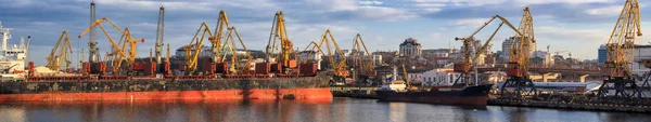 Načítání obilí na loď v přístavu. Panoramatický pohled z lodi, jeřáby a další infrastruktury přístavu. — Stock fotografie