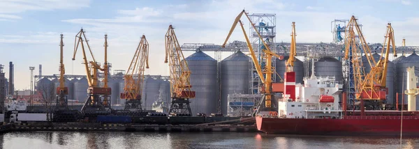 Načítání obilí na loď v přístavu. Panoramatický pohled z lodi, jeřáby a další infrastruktury přístavu. — Stock fotografie